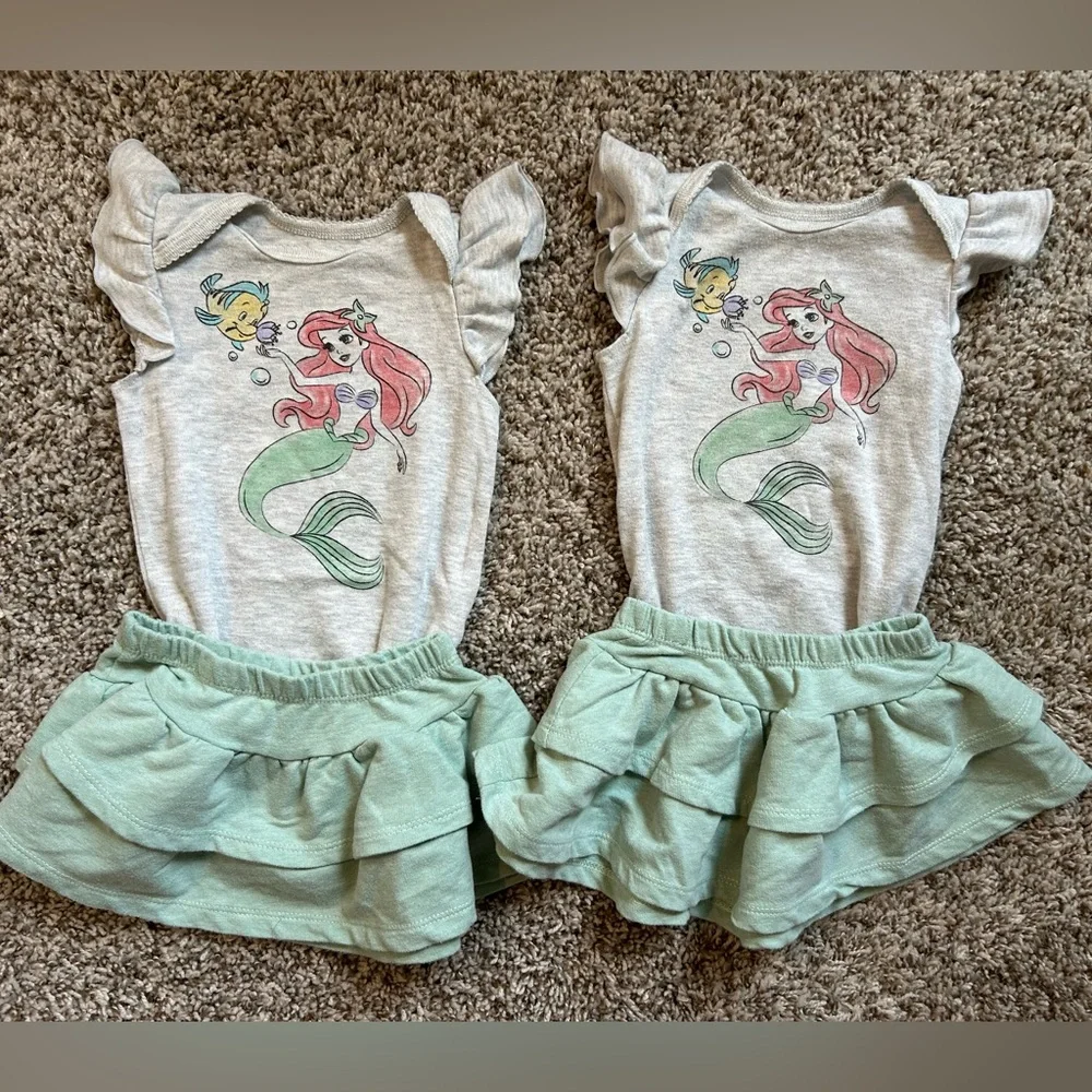 DISNEY Little Mermaid Graphic Baby Girl Twins Outfit Set Size 6-9 months